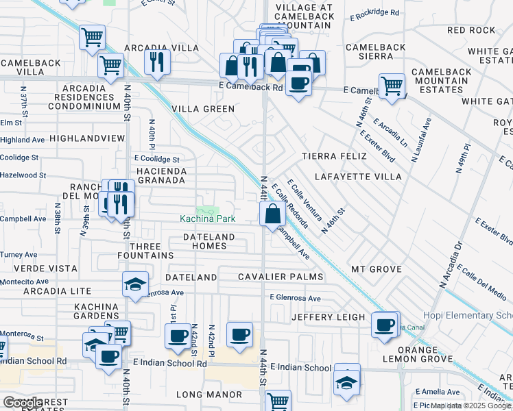 map of restaurants, bars, coffee shops, grocery stores, and more near 4540 North 44th Street in Phoenix