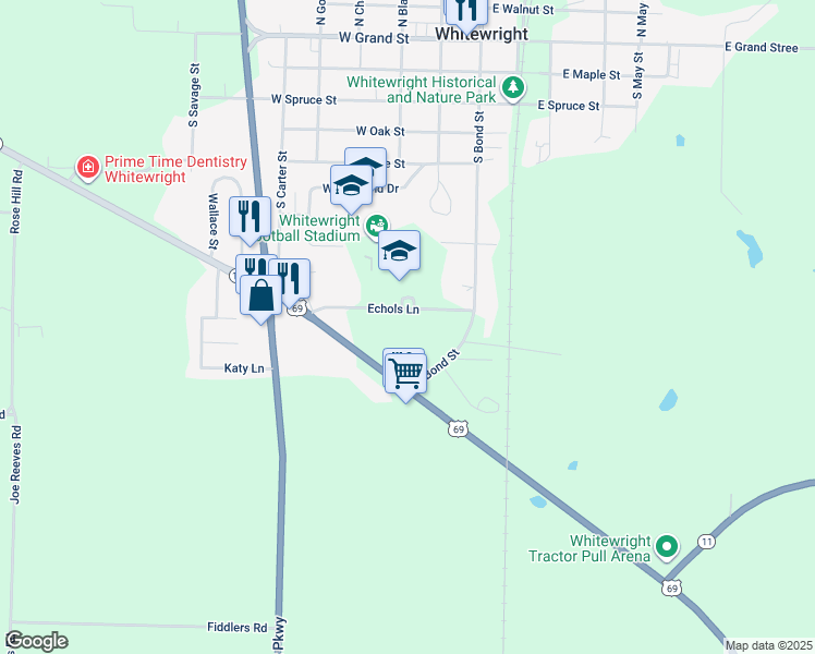 map of restaurants, bars, coffee shops, grocery stores, and more near 285 Echols Lane in Whitewright