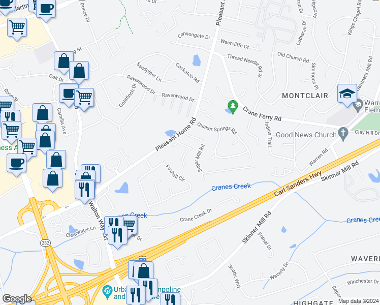 map of restaurants, bars, coffee shops, grocery stores, and more near 2906 Running Creek Lane in Augusta