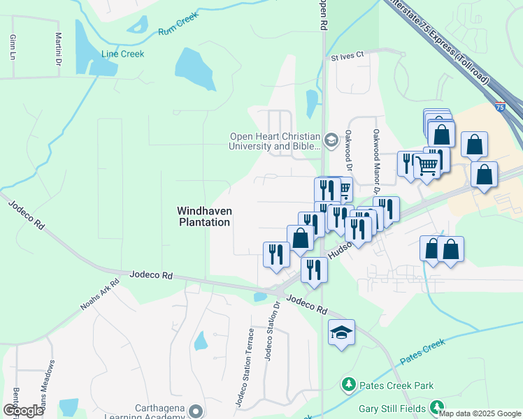 map of restaurants, bars, coffee shops, grocery stores, and more near 116 Chip Place in Stockbridge