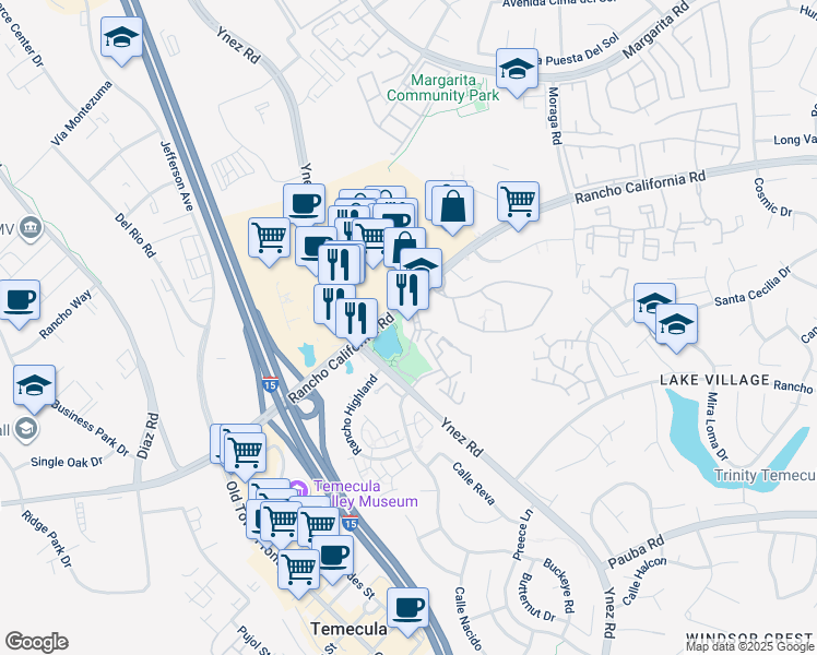 map of restaurants, bars, coffee shops, grocery stores, and more near 29375 Rancho California Road in Temecula