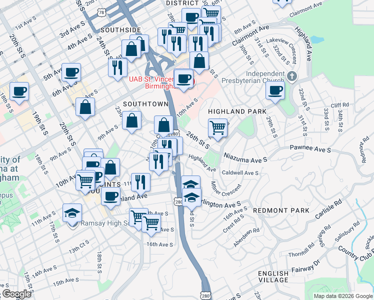 map of restaurants, bars, coffee shops, grocery stores, and more near 2310 Highland Avenue in Birmingham
