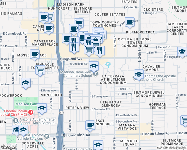 map of restaurants, bars, coffee shops, grocery stores, and more near 2002 East Campbell Avenue in Phoenix