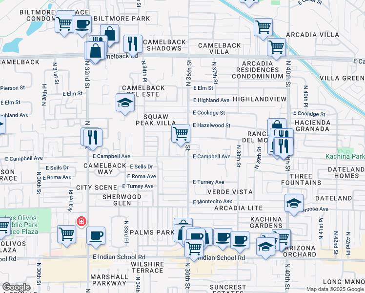 map of restaurants, bars, coffee shops, grocery stores, and more near 4502 North 36th Street in Phoenix
