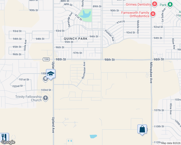map of restaurants, bars, coffee shops, grocery stores, and more near 98th Street in Lubbock