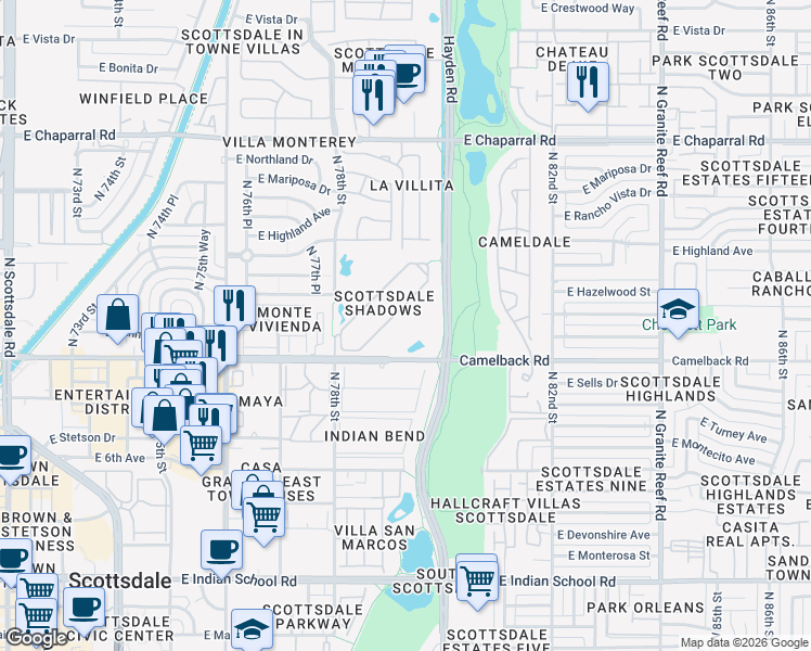 map of restaurants, bars, coffee shops, grocery stores, and more near 7930 East Camelback Road in Scottsdale