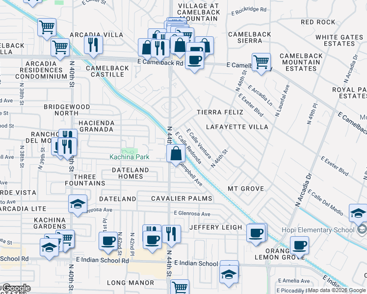 map of restaurants, bars, coffee shops, grocery stores, and more near 4518 East Calle Redonda in Phoenix