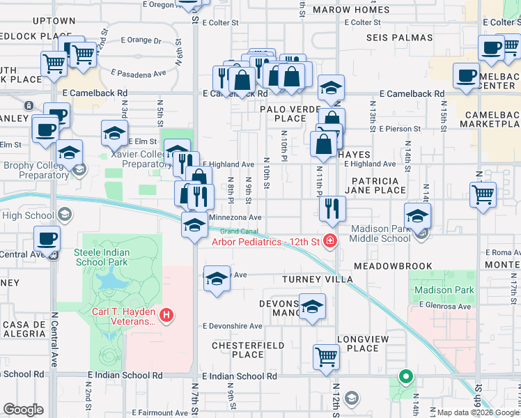 map of restaurants, bars, coffee shops, grocery stores, and more near 4601 North 10th Street in Phoenix