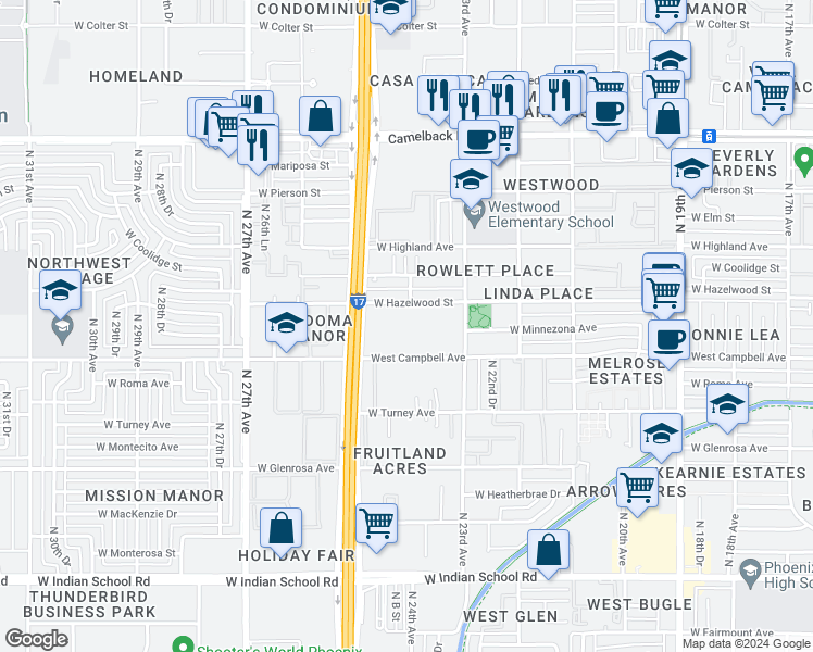 map of restaurants, bars, coffee shops, grocery stores, and more near 2336 West Hazelwood Street in Phoenix