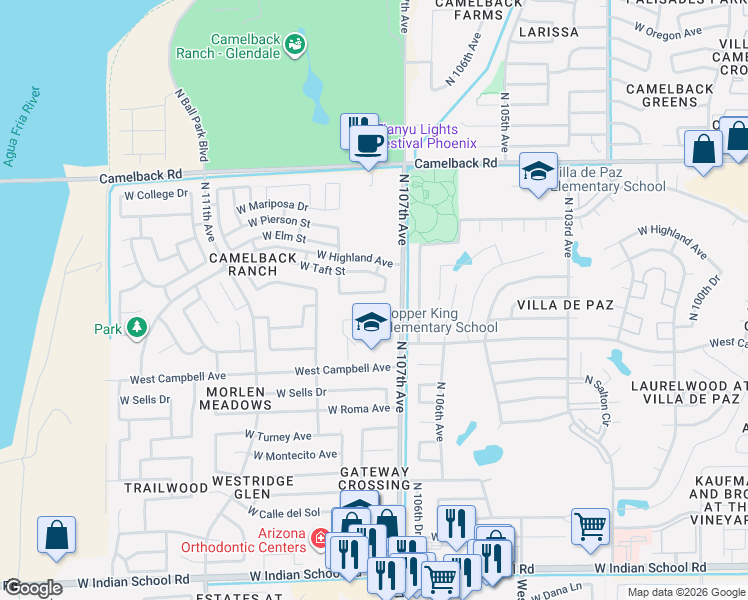 map of restaurants, bars, coffee shops, grocery stores, and more near 10733 West Taft Street in Phoenix