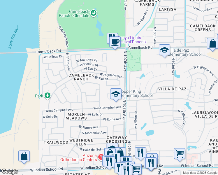 map of restaurants, bars, coffee shops, grocery stores, and more near 4704 North 108th Avenue in Phoenix