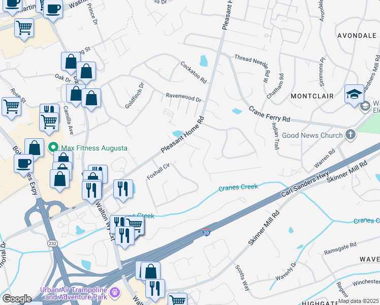 map of restaurants, bars, coffee shops, grocery stores, and more near 2317 Creekview Drive in Augusta