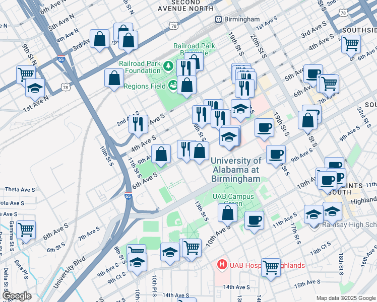 map of restaurants, bars, coffee shops, grocery stores, and more near 501-549 14th St S in Birmingham