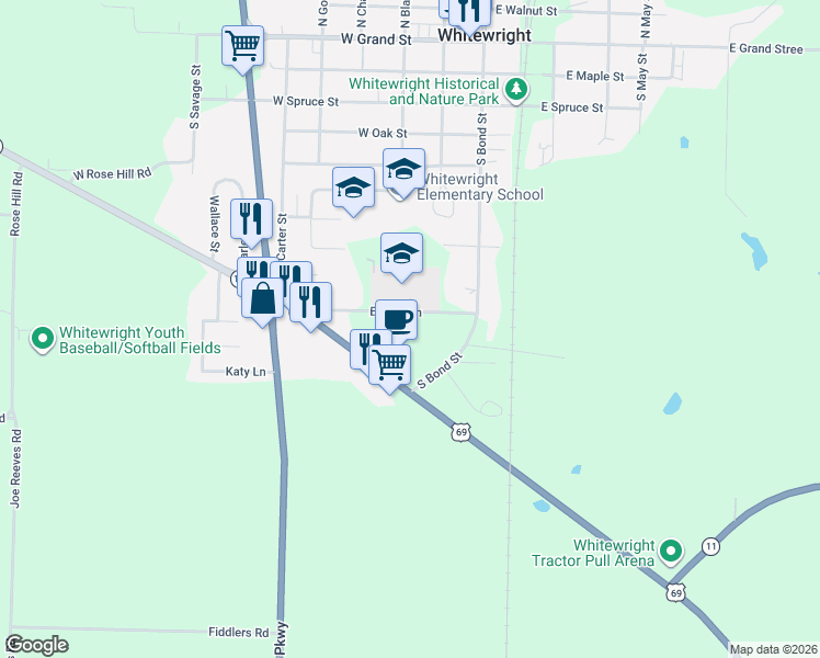 map of restaurants, bars, coffee shops, grocery stores, and more near 304 Echols Lane in Whitewright