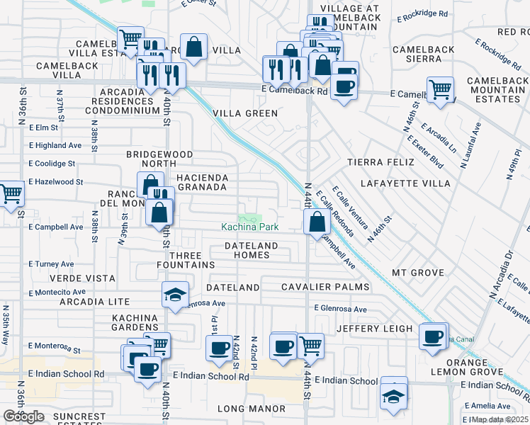 map of restaurants, bars, coffee shops, grocery stores, and more near 4304 East Campbell Avenue in Phoenix