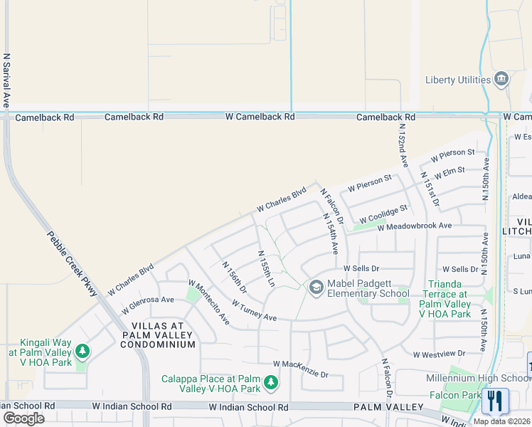 map of restaurants, bars, coffee shops, grocery stores, and more near 15512 West Coolidge Street in Goodyear