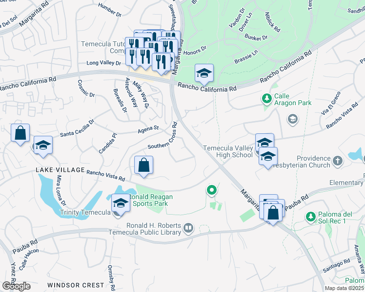 map of restaurants, bars, coffee shops, grocery stores, and more near 30722 Centaur Court in Temecula