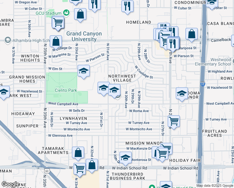 map of restaurants, bars, coffee shops, grocery stores, and more near 3022 West Campbell Avenue in Phoenix