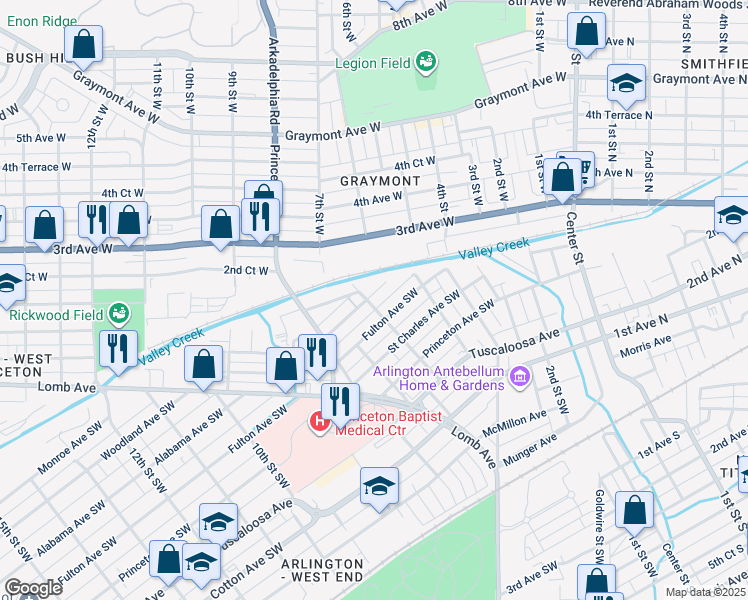 map of restaurants, bars, coffee shops, grocery stores, and more near 301 6th Street Southwest in Birmingham