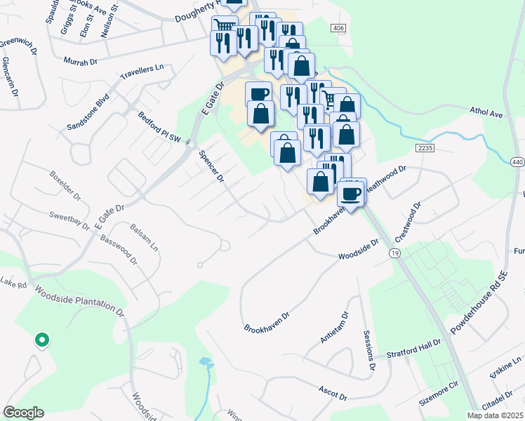 map of restaurants, bars, coffee shops, grocery stores, and more near 123 Hillsborough Lane in Aiken