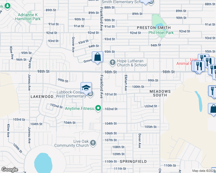 map of restaurants, bars, coffee shops, grocery stores, and more near 9821 Frankford Avenue in Lubbock