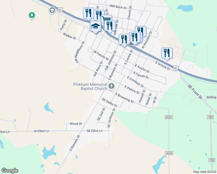 map of restaurants, bars, coffee shops, grocery stores, and more near 120 East Peters Street in De Kalb