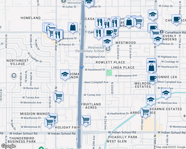 map of restaurants, bars, coffee shops, grocery stores, and more near 2336 West Hazelwood Street in Phoenix