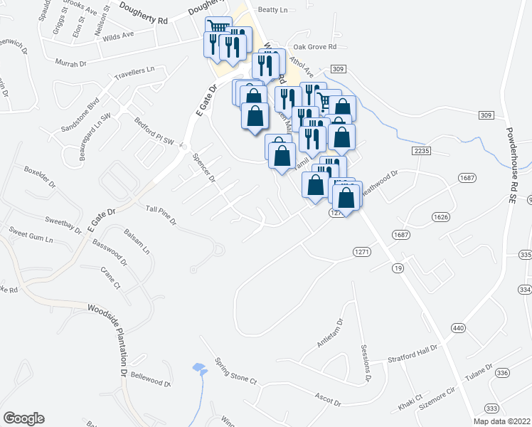 map of restaurants, bars, coffee shops, grocery stores, and more near 116 Hillsborough Lane in Aiken