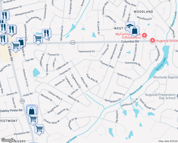 map of restaurants, bars, coffee shops, grocery stores, and more near 368 Park Way Drive in Martinez