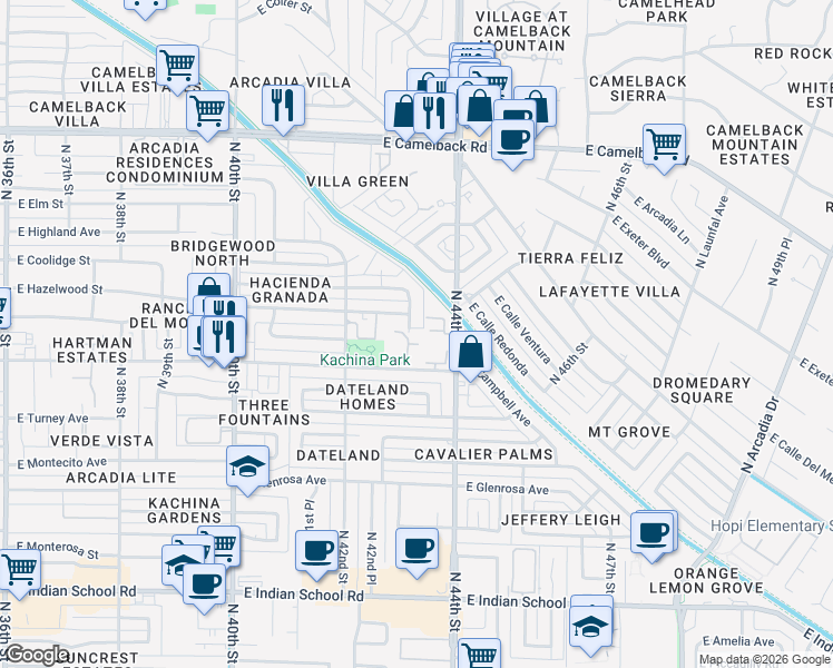map of restaurants, bars, coffee shops, grocery stores, and more near 4540 North 44th Street in Phoenix
