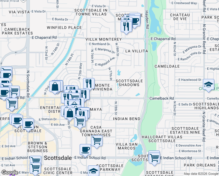 map of restaurants, bars, coffee shops, grocery stores, and more near 7761 East Meadowbrook Avenue in Scottsdale