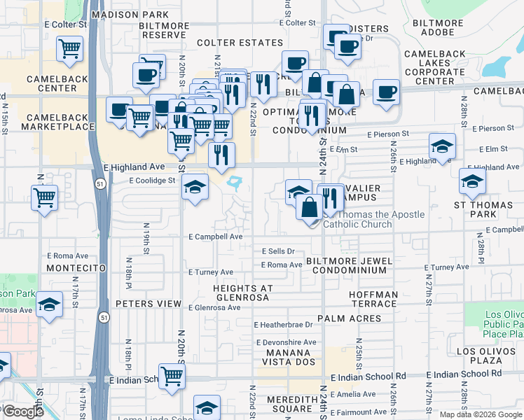 map of restaurants, bars, coffee shops, grocery stores, and more near 4615 North 22nd Street in Phoenix