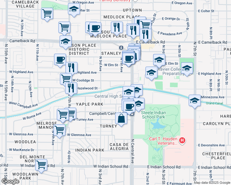 map of restaurants, bars, coffee shops, grocery stores, and more near 10 West Minnezona Avenue in Phoenix