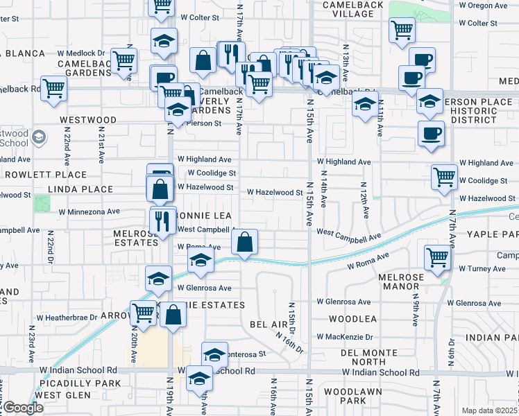 map of restaurants, bars, coffee shops, grocery stores, and more near 1653 West Hazelwood Street in Phoenix