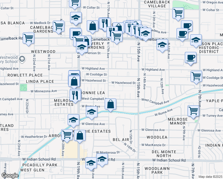 map of restaurants, bars, coffee shops, grocery stores, and more near 1653 West Hazelwood Street in Phoenix