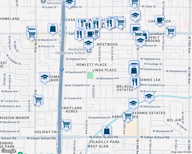 map of restaurants, bars, coffee shops, grocery stores, and more near 2215 West Hazelwood Street in Phoenix
