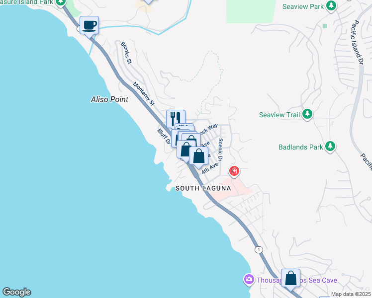 map of restaurants, bars, coffee shops, grocery stores, and more near 31562 Eagle Rock Way in Laguna Beach
