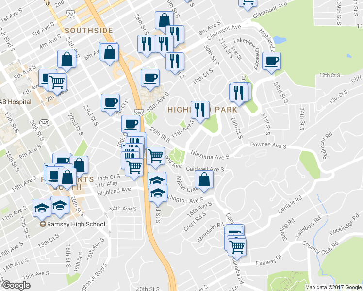 map of restaurants, bars, coffee shops, grocery stores, and more near 2620 Highland Avenue in Birmingham