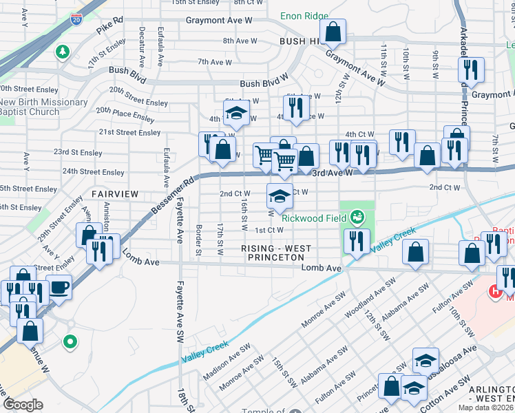 map of restaurants, bars, coffee shops, grocery stores, and more near 1512 2nd Court West in Birmingham