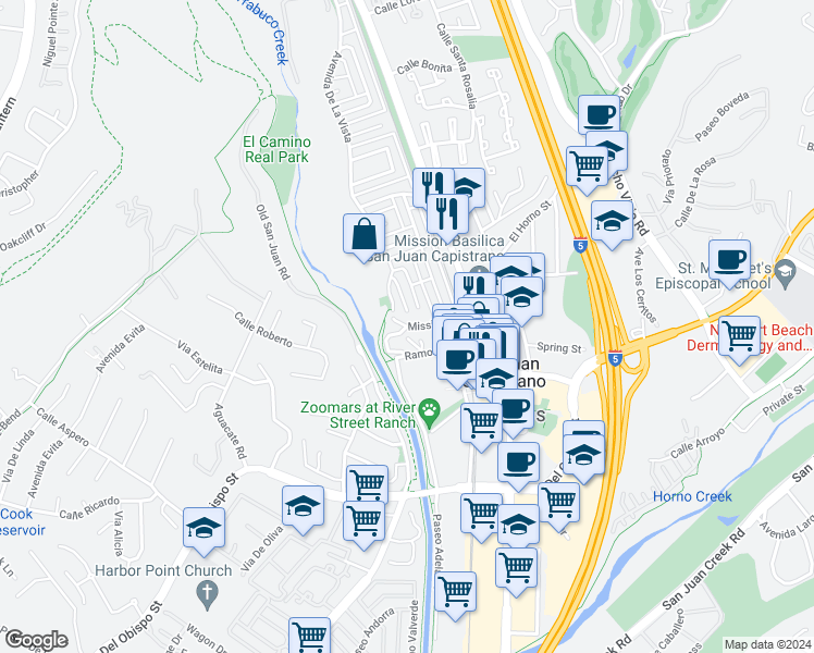map of restaurants, bars, coffee shops, grocery stores, and more near 28495 Mission Street in San Juan Capistrano