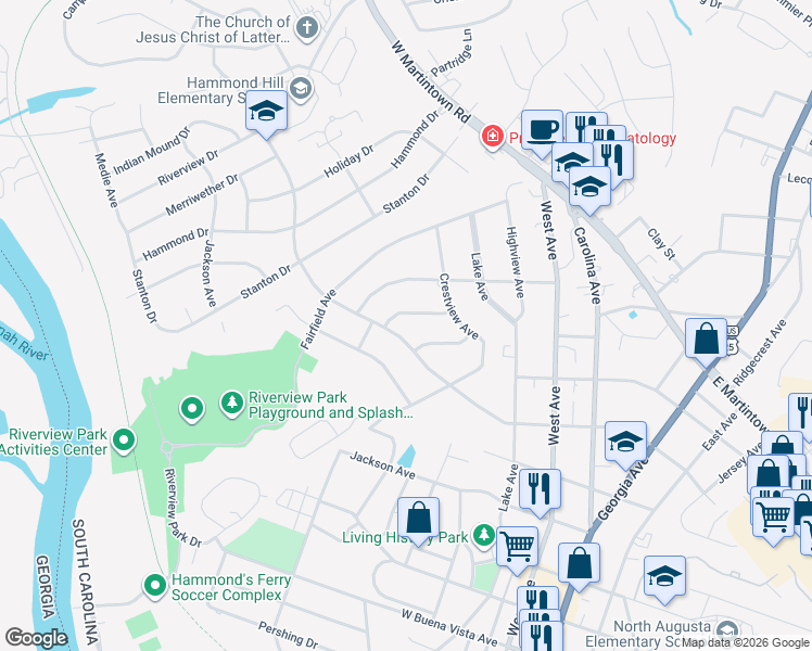 map of restaurants, bars, coffee shops, grocery stores, and more near 910 Fairlane Avenue in North Augusta