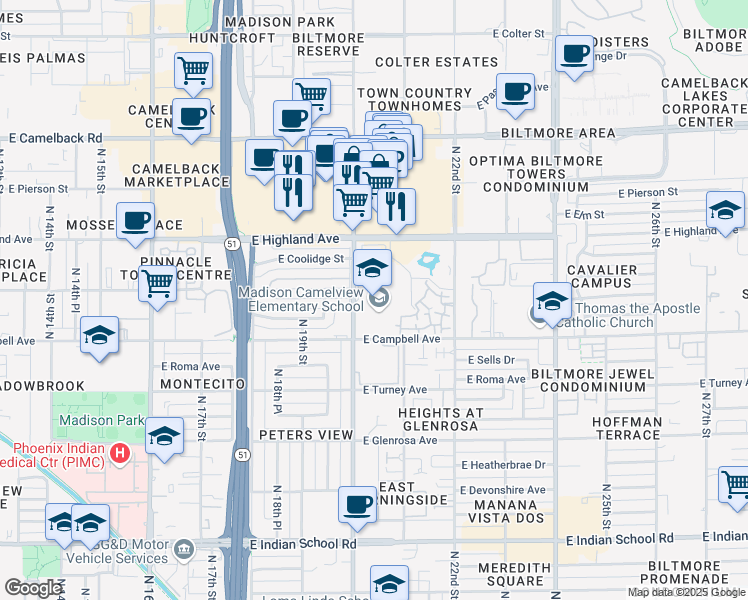 map of restaurants, bars, coffee shops, grocery stores, and more near 2002 East Campbell Avenue in Phoenix