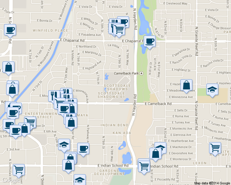 map of restaurants, bars, coffee shops, grocery stores, and more near in Scottsdale