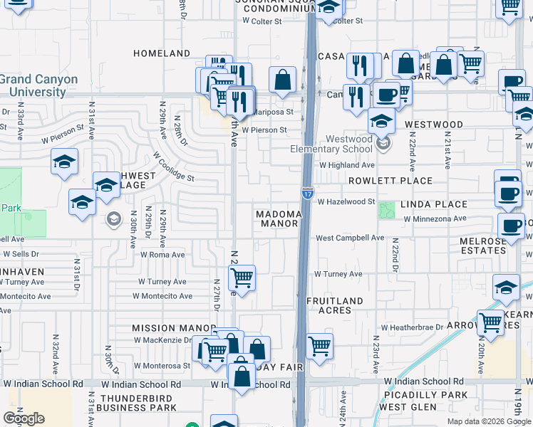 map of restaurants, bars, coffee shops, grocery stores, and more near 2550 West Hazelwood Street in Phoenix