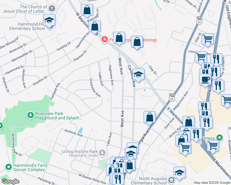 map of restaurants, bars, coffee shops, grocery stores, and more near 1115 Highview Avenue in North Augusta