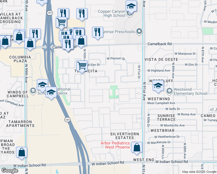 map of restaurants, bars, coffee shops, grocery stores, and more near 9255 West Hazelwood Street in Phoenix