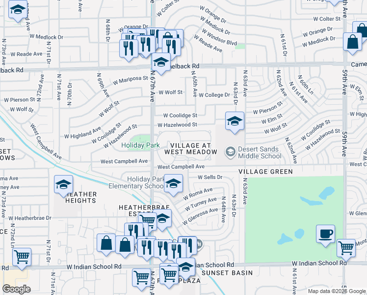 map of restaurants, bars, coffee shops, grocery stores, and more near 4545 North 67th Avenue in Phoenix