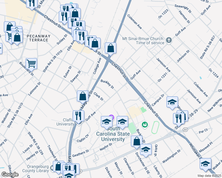map of restaurants, bars, coffee shops, grocery stores, and more near 565 Buckley Street in Orangeburg