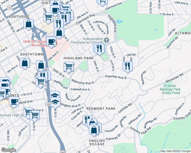 map of restaurants, bars, coffee shops, grocery stores, and more near 1242 29th Street South in Birmingham