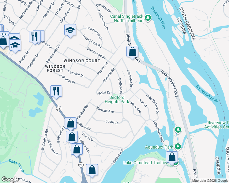 map of restaurants, bars, coffee shops, grocery stores, and more near 1042 Redbird Road in Augusta